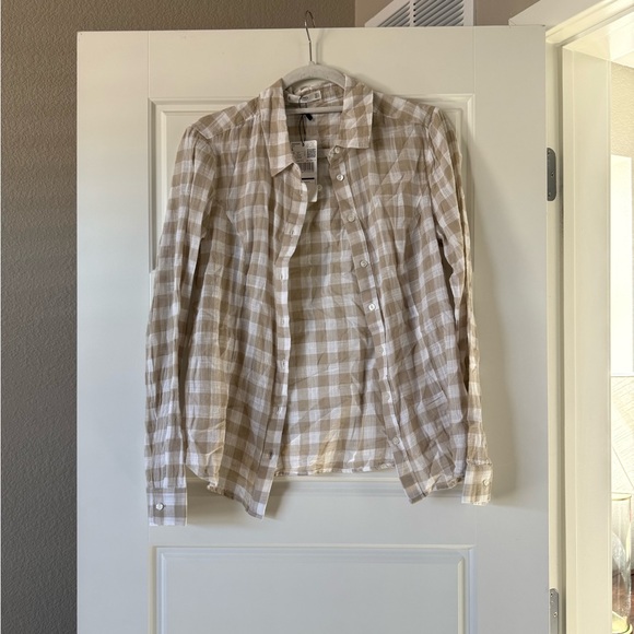 NWT Mango Women’s Tan & White Gingham Button Down Long Sleeve - Picture 2 of 9